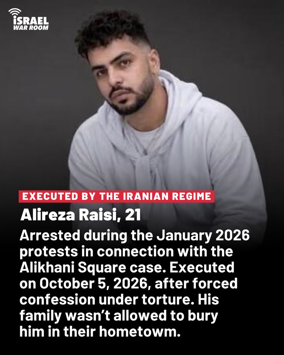 IsraelWarRoom's tweet photo. ‼️ The Iranian Terror Regime just murdered two more protesters.

Alireza Sepahi Badjani and Alireza Raisi were arrested during the January 2026 protests. 

They were both severely tortured in prison. They were also reportedly threatened with being killed by having air injected into their veins.