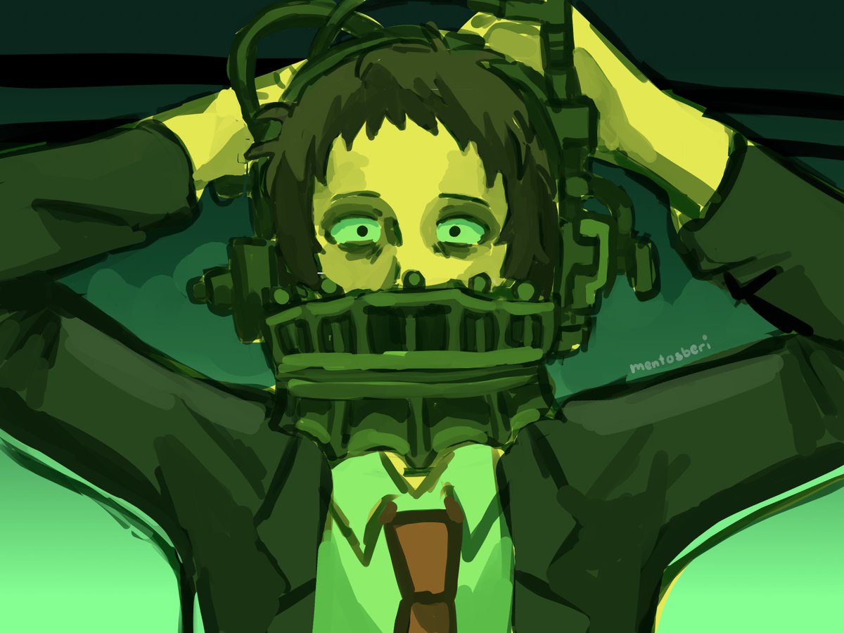 Mentosberi's tweet photo. i got bored so i put adachi into the reverse bear trap from saw https://t.co/cZtRyRqT81