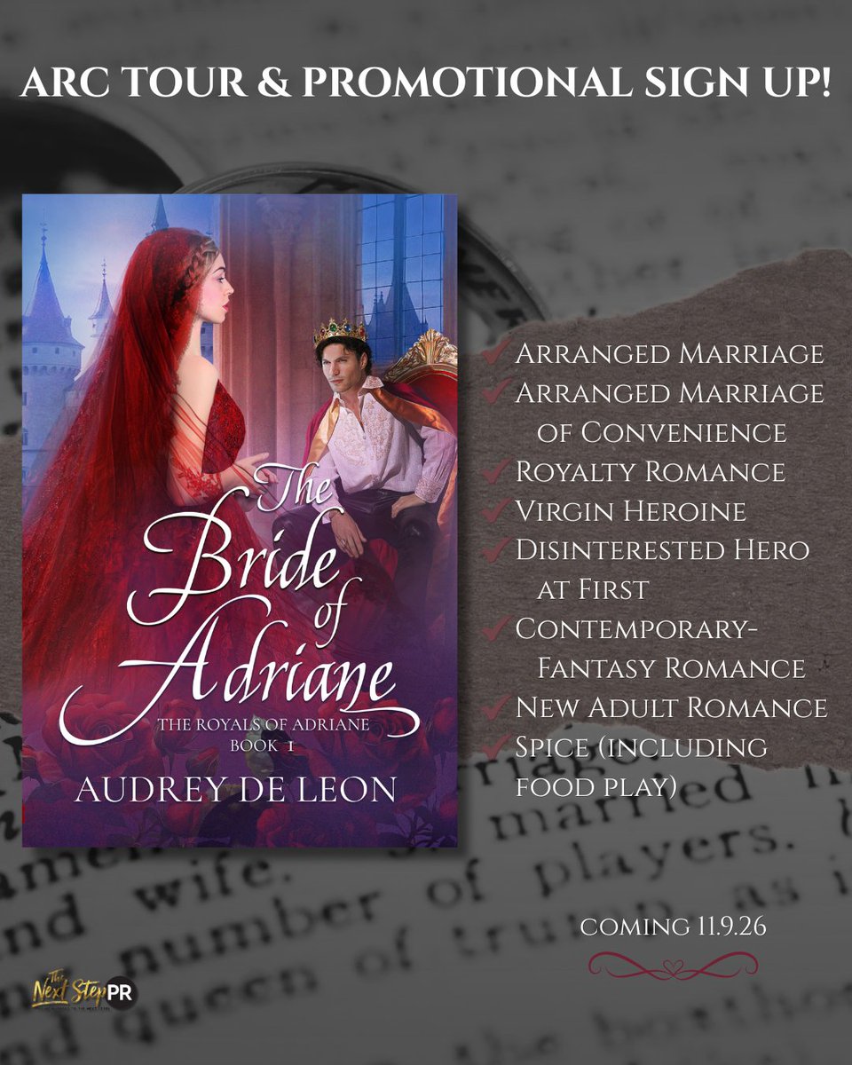 TheNextStepPR's tweet photo. 𝗔𝗥𝗥𝗔𝗡𝗚𝗘𝗗 𝗠𝗔𝗥𝗥𝗜𝗔𝗚𝗘 𝗥𝗢𝗠𝗔𝗡𝗖𝗘 𝗟𝗢𝗩𝗘𝗥𝗦 📣
#TheBrideOfAdriane by #AudreyDeLeonAuthor
Genre #ContemporaryFantasy #NewAdult
Releasing 11.9.26
#SignUp  https://t.co/ZViM7WX46h
#HostedBy @TheNextStepPR
Learn more at https://t.co/E4gr8BnmE8 https://t.co/eousOwDIo8