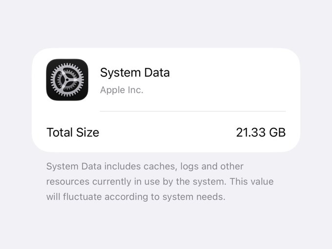 An Apple iPhone settings screen displaying 'System Data' storage of 21.33 GB, noting it includes caches, logs and other system resources.