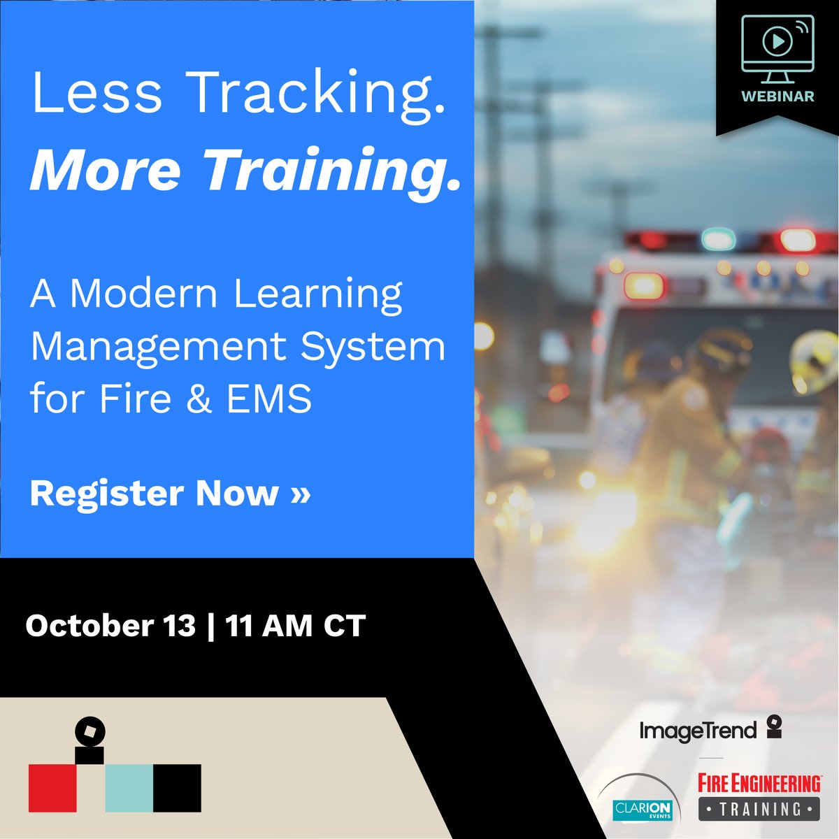 ImageTrend_LLC's tweet photo. Readiness depends on training.
Visibility depends on having the right system.
Join us Oct. 13 at 11 AM CT to see how Fire & EMS agencies are connecting training, compliance, and workforce readiness with a modern LMS.
Register: https://t.co/c1Sjzlrh41
#FireService #EMS #EMSTraining #EmergencyResponse