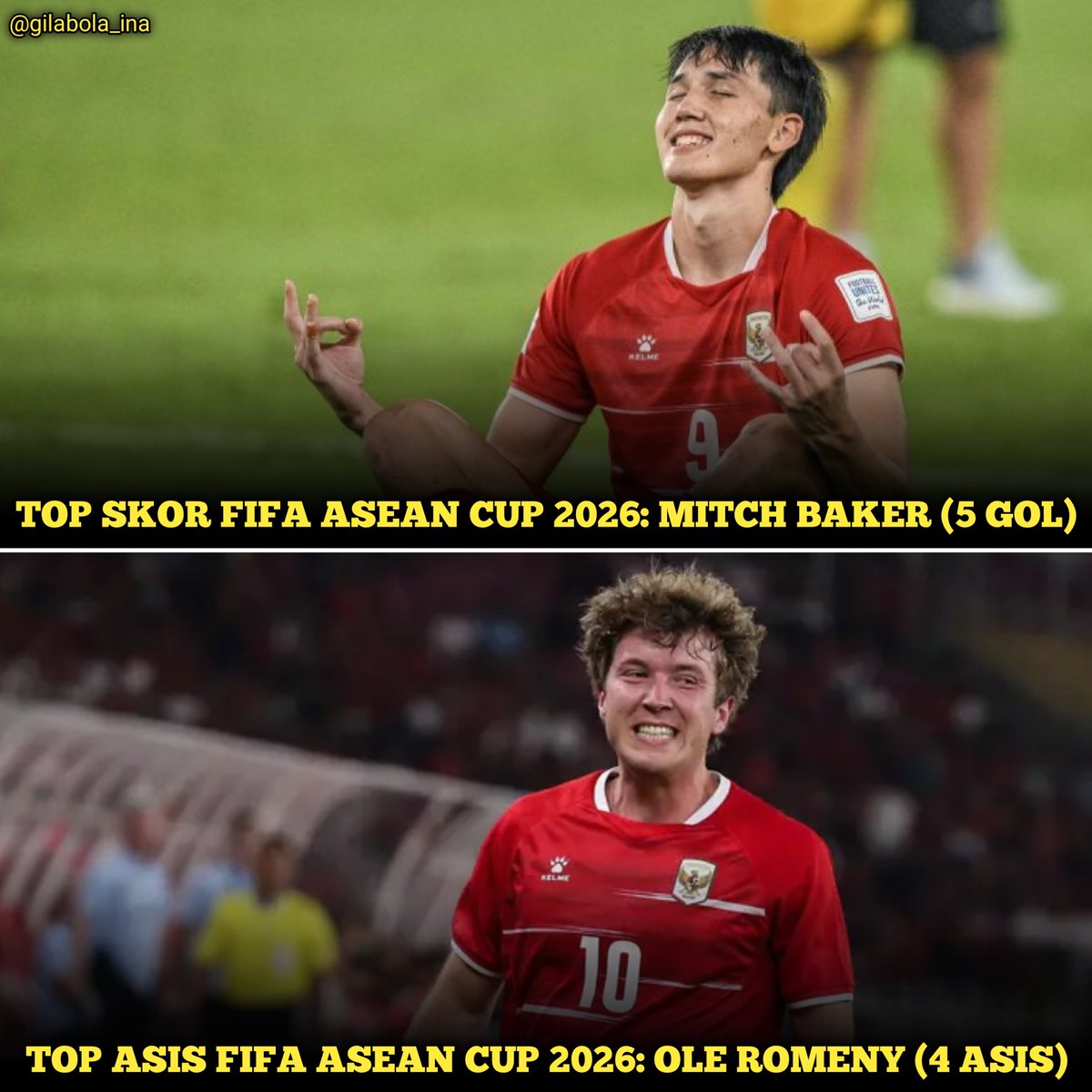 gilabola_ina's tweet photo. Mitchell Baker menjadi top skor FIFA ASEAN Cup 2026 dengan torehan 5 golnya.

Ole Romeny menjadi pemain dengan jumlah assist terbanyak di FIFA ASEAN Cup 2026 dengan catatan 4 assist.

Juara, Top Skor, dan Top Assist kita borong.😎 https://t.co/z2xQp238Ca