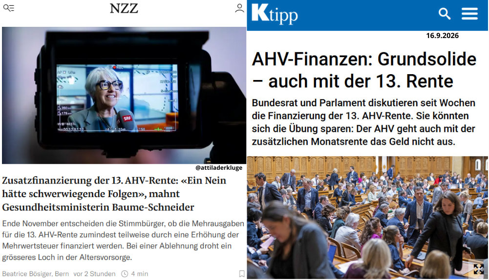 AttilaDerKluge's tweet photo. ⚠️Bundesrätin Baume-Schneider LÜGT!!

In einen Artikel vom 16.9.2026 veröffentlichte der K-Tipp folgende Zahlen zu Stand der Finanzen bei der AHV:

«Der AHV geht es bestens. 2024 erzielte sie einen Gewinn von fast 5,6 Milliarden Franken: Angestellte, Arbeitgeber und die Bundeskasse zahlten 2,8 Milliarden mehr ein, als die AHV für die Renten brauchte. Weitere 2,8 Milliarden brachten die Erträge aus den Anlagen ein. Das AHV-Vermögen stieg somit auf den Rekordstand von rund 55,5 Milliarden Franken. (Ganzer Artikel nachfolgend als PDF)»

Von schwerwiegenden Folgen bei einem Nein zur Mehrwertsteuererhöhung zur Finanzierung der 13. AHV-Rente kann also keine Rede sein. Was also bezweckt Bundesrätin Baume-Schneider mit ihrer Drohung? Ich könnt euch was ausdenken… Oder hat sie ganz einfach keine  Ahnung, wovon sie spricht?

Wie auch immer, für mich ist diese Fehlbesetzung genauso eine Kandidatin für den Rücktritt, wie der vollkommen überforderte «Asylminister» Beat Jans.

Artikel zur AHV: https://t.co/yVB0ocWf2a

Attila der Kluge
Sieht alles, hört alles und zeigt auf jeden!
👉 https://t.co/kd7vCFkEJt