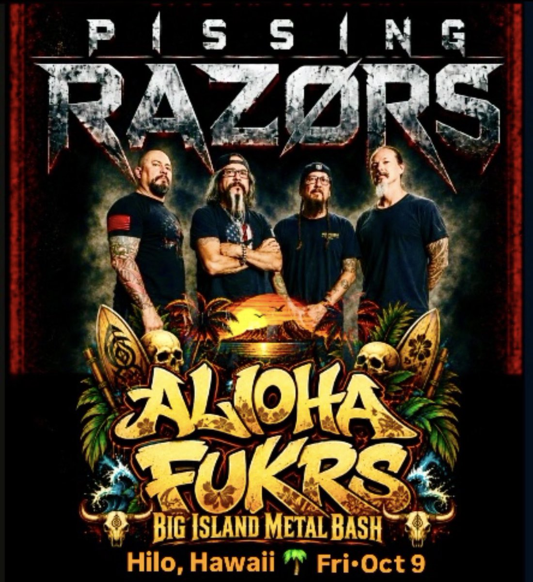 PISSINGRAZORS's tweet photo. Here we go the countdown is on Razor Nation!!!! Hilo, Hawaii we are coming for you October 9th.  Get your tickets and come and see us and our friends during the weekend at the 3rd Annual Big Island Metal Bash!!!! #pissingrazors #razornation #bigislandmetalbash https://t.co/j88yJbj9s6