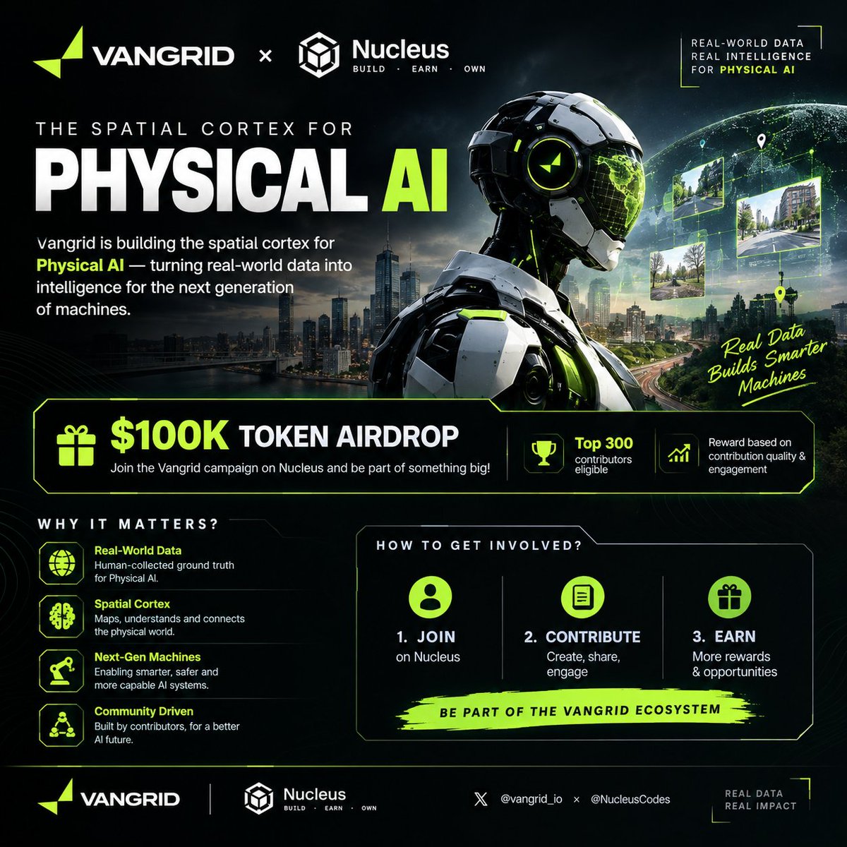 alexjone098's tweet photo. Vangrid is building the spatial cortex for Physical AI — turning real-world data into intelligence for the next generation of machines.
💰 $100K Token Airdrop
🏆 Top 300 contributors eligible
📊 Reward based on contribution quality & engagement
The interesting part? Vangrid is focused on real-time, human-collected ground truth for Physical AI.
I’m watching this one closely. 👀
@vangrid_io × @NucleusCodes
#Vangrid #PhysicalAI #AI #DePIN #Crypto