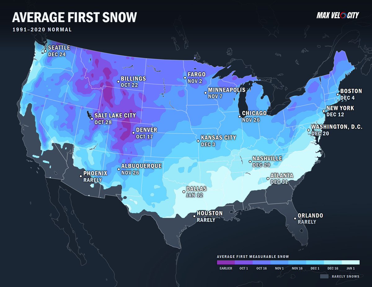 MaxVelocityWX's tweet photo. When does the first snow usually arrive? ❄️

This map shows the average date of the first measurable snowfall across the U.S. based on the 1991–2020 climate normals.

For much of the northern Rockies and Plains, the first snow typically arrives in October or early November, while the Midwest and Northeast generally wait until November or December.

Farther south, measurable snow becomes much less common, with cities like Dallas typically not seeing their first snow until January, while places like Phoenix, Houston, and Orlando rarely see measurable snowfall at all.
