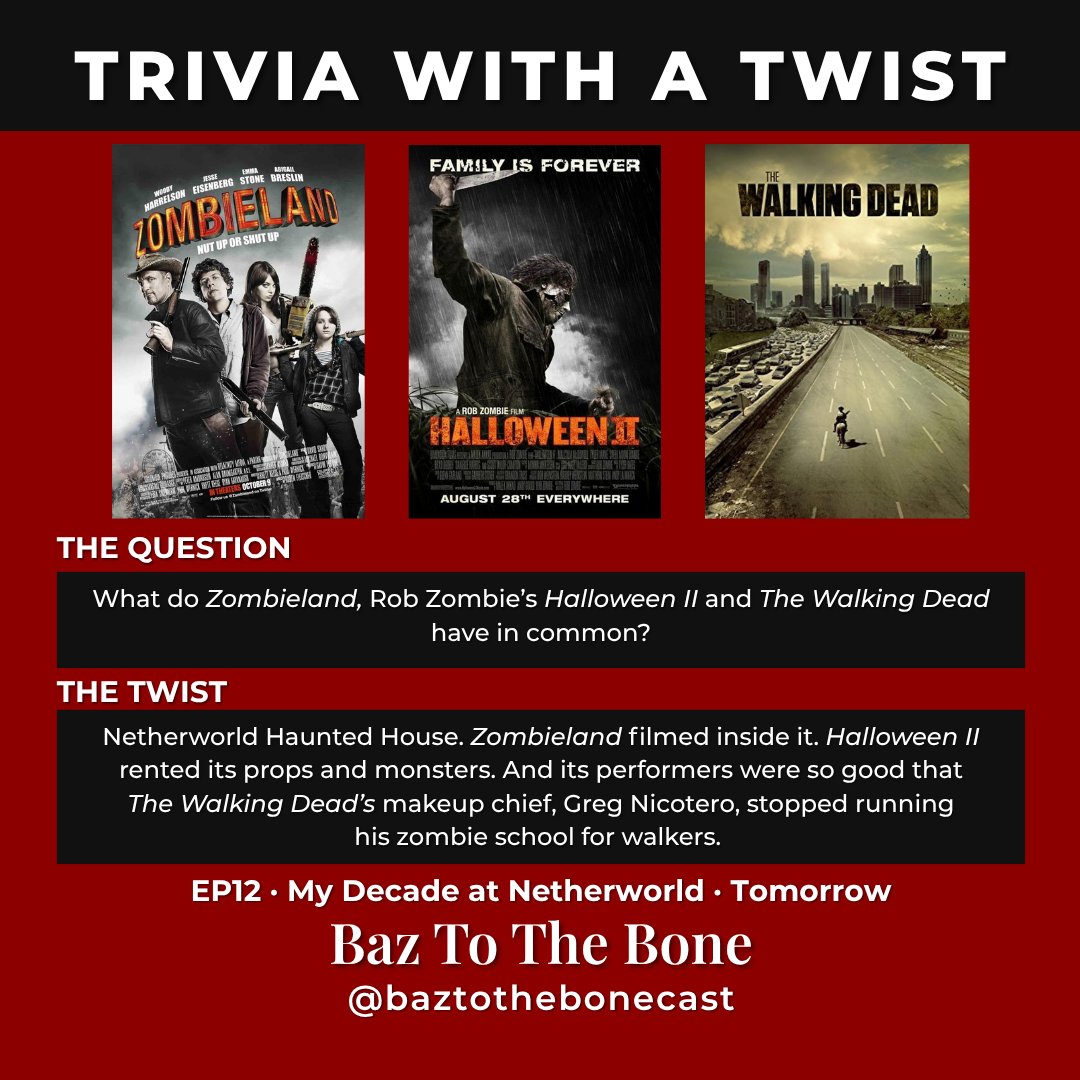 baztothebonepod's tweet photo. Zombieland, Halloween II and The Walking Dead all borrowed monsters from the same Atlanta haunted house. I was one of them for ten years. Episode 12 drops tomorrow. #HorrorPodcast #TheWalkingDead https://t.co/G4v0VWMUMi