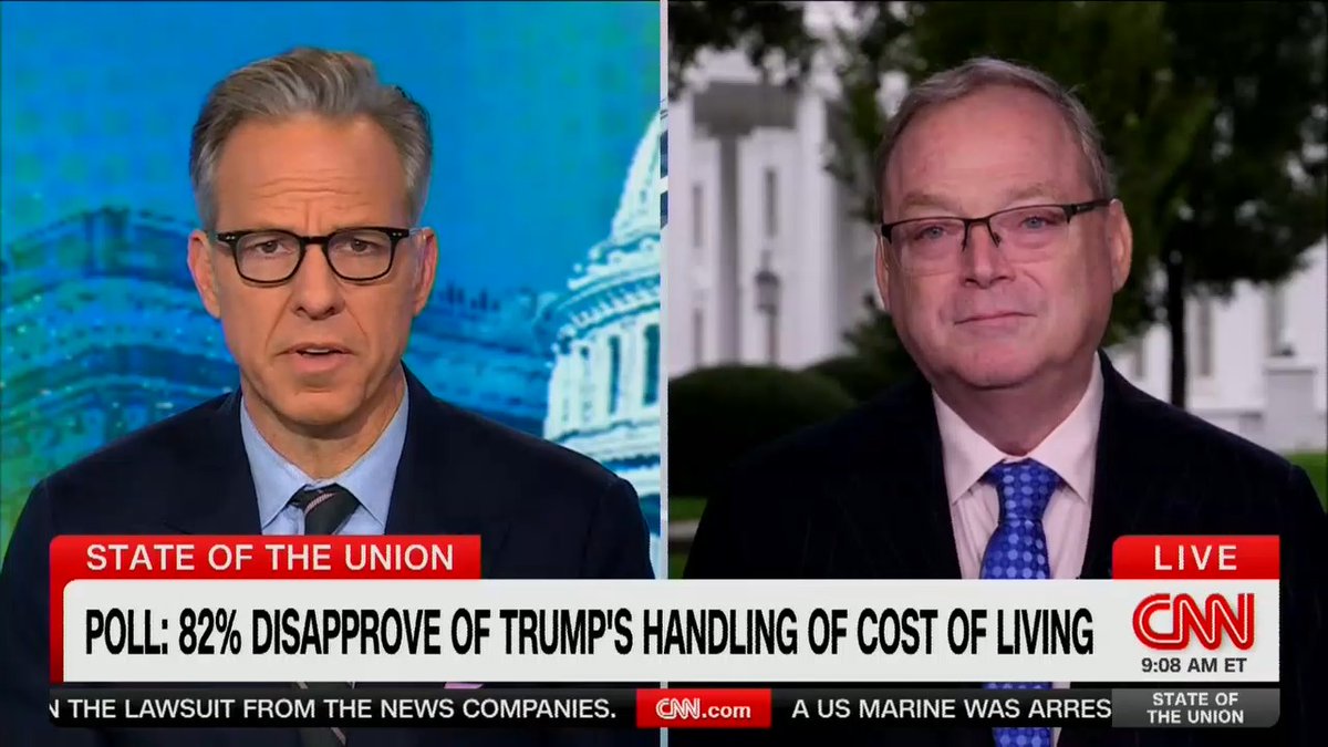 A split-screen CNN broadcast shows two men in suits and glasses, with a chyron reading 'STATE OF THE UNION,' 'POLL: 82% DISAPPROVE OF TRUMP'S HANDLING OF COST OF LIVING,' and 'LIVE' at 9:08 AM ET.