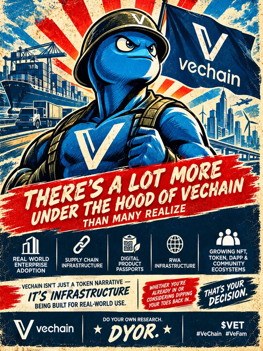 VCO_VET's tweet photo. $VET could absolutely scale far beyond 100× if adoption and utility continue to grow.

There’s a lot more under the hood of VeChain than many people realize.

-Real-world enterprise adoption.
-Supply-chain infrastructure.
-Digital Product Passports.
-RWA infrastructure.
And a growing ecosystem of NFTs, tokens, dApps and communities.

VeChain isn’t just a token narrative  it’s infrastructure being built for real-world use.

Whether you’re already in or considering dipping your toes back in…

That’s your decision.

Do your own research.
DYOR. 🔎

 #VeChain is #VeFam