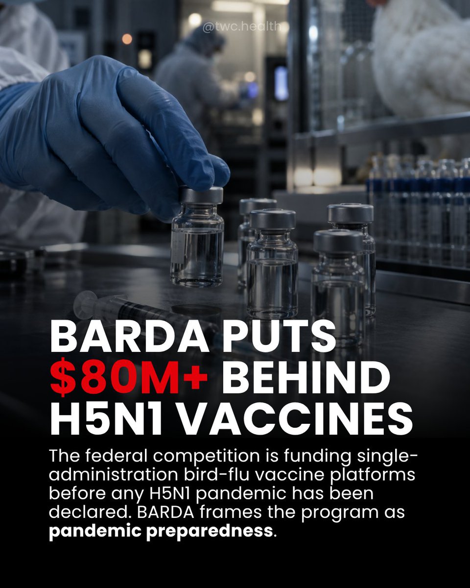 twc_health's tweet photo. No H5N1 pandemic declaration. No widespread human transmission.  

But the vaccine competition is already open.  BARDA’s new “Single Shield Prize” is putting $80+ million behind single-administration H5N1 vaccine platforms, with the first $64 million earmarked for concept development and nonclinical proof of concept.