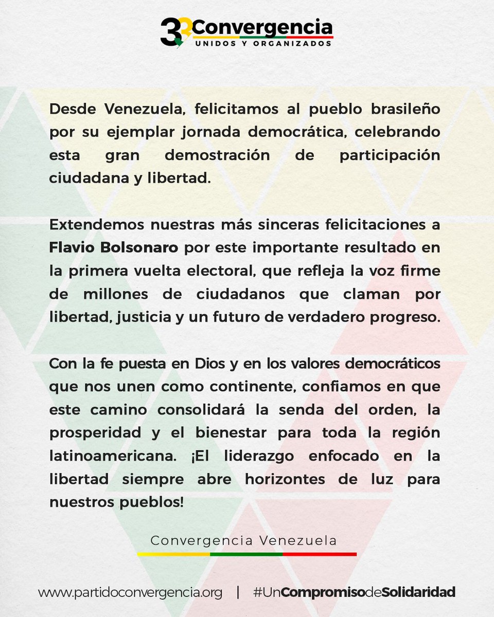 ConvergenciaVe's tweet photo. Desde Convergencia Venezuela, celebramos la victoria de @FlavioBolsonaro en la primera vuelta electoral. Asimismo, felicitamos al pueblo brasileño por esa demostración cívica.

¡El futuro de progreso que merecemos nuestros pueblos se construye con la fuerza de los ciudadanos! 🇻🇪🇧🇷