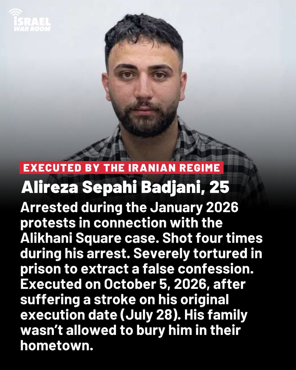 IsraelWarRoom's tweet photo. ‼️ The Iranian Terror Regime just murdered two more protesters.

Alireza Sepahi Badjani and Alireza Raisi were arrested during the January 2026 protests. 

They were both severely tortured in prison. They were also reportedly threatened with being killed by having air injected into their veins.