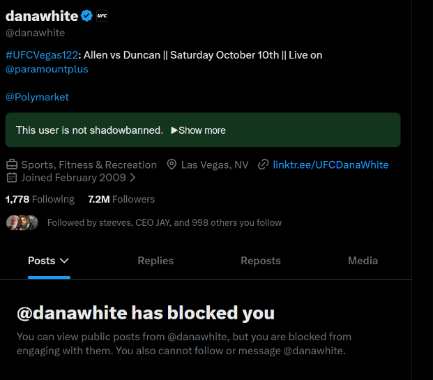 A Twitter profile page for @danawhite with a UFC headshot promoting '#UFCVegas122: Allen vs Duncan II', indicating the user is verified and not shadowbanned.