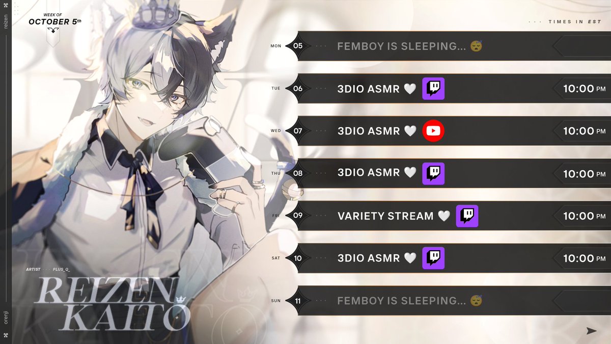 ReizenVT's tweet photo. Here's my stream schedule for the week! (10/5-10/11)

This is a tentative schedule, I'll do my best!

🍪Twitch: https://t.co/hpc9SfC3zb
🎙️YouTube: https://t.co/yXFMFKfnT3
❤️Patreon: https://t.co/qY8yZyK4FL
👾Discord: https://t.co/fOWotBE6Iz
🎁Throne: https://t.co/QonEICStOE https://t.co/2CXAsL20Uk