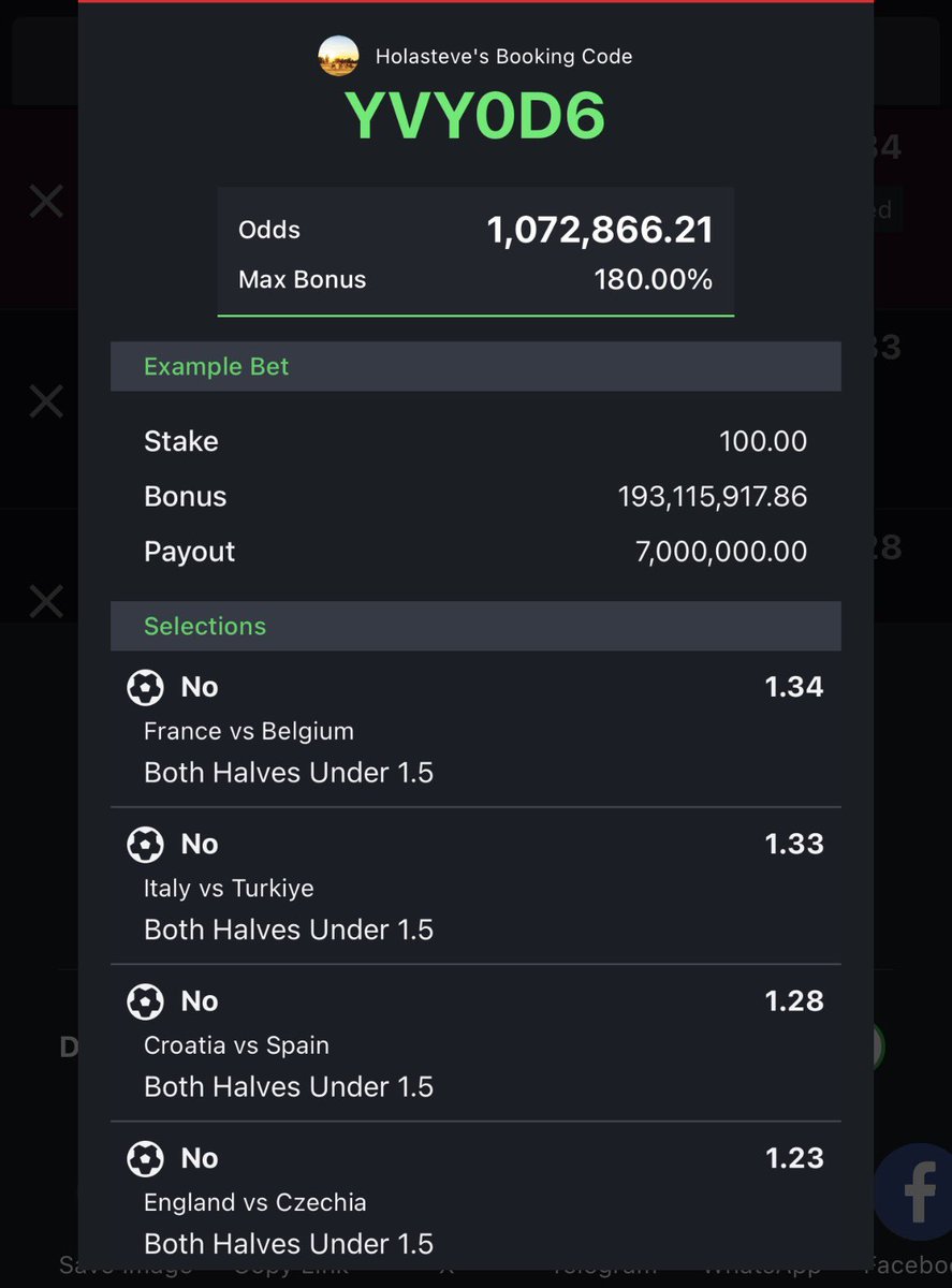 HolaSteve4's tweet photo. 5th - 11th ⚽️ 

1,072,866 odds    YVY0D6 (50games)

208,465 odds       HHK5DN
38,718 odds           RRM0AE
27,966 odds           ZXERDL
18,352 odds           RMY5YN
395 odds                 LY80M9

Un1.5 goals both half NO ✅

1game and 5 Edit ✍️ https://t.co/UQ893udXqH