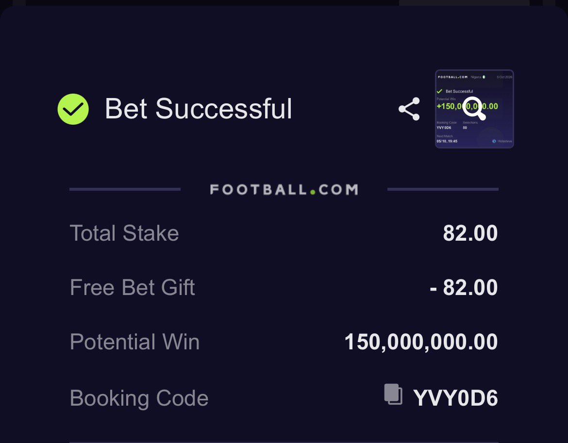 HolaSteve4's tweet photo. 5th - 11th ⚽️ 

1,072,866 odds    YVY0D6 (50games)

208,465 odds       HHK5DN
38,718 odds           RRM0AE
27,966 odds           ZXERDL
18,352 odds           RMY5YN
395 odds                 LY80M9

Un1.5 goals both half NO ✅

1game and 5 Edit ✍️ https://t.co/UQ893udXqH