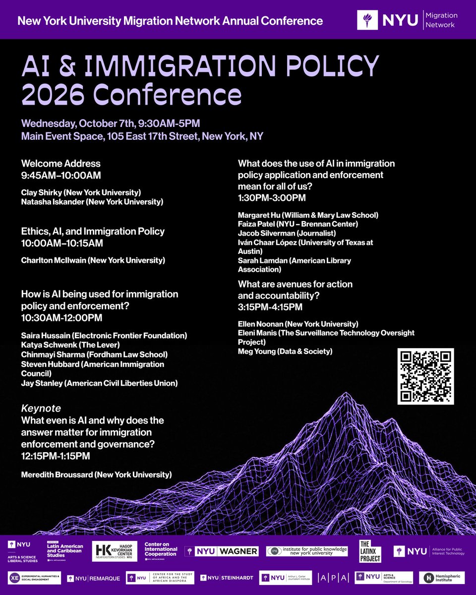 nyuCIC's tweet photo. ⏳ Two days to go! How is #AI shaping immigration policy?

Join scholars, journalists & NYC advocates this Oct. 7 for the NYU Migration Network annual conference, co-sponsored by #NYUCIC, to explore ethics, activism & accountability.

Register ⤵️
https://t.co/eDTSOU2LGA

#AI #Migration #NYU
