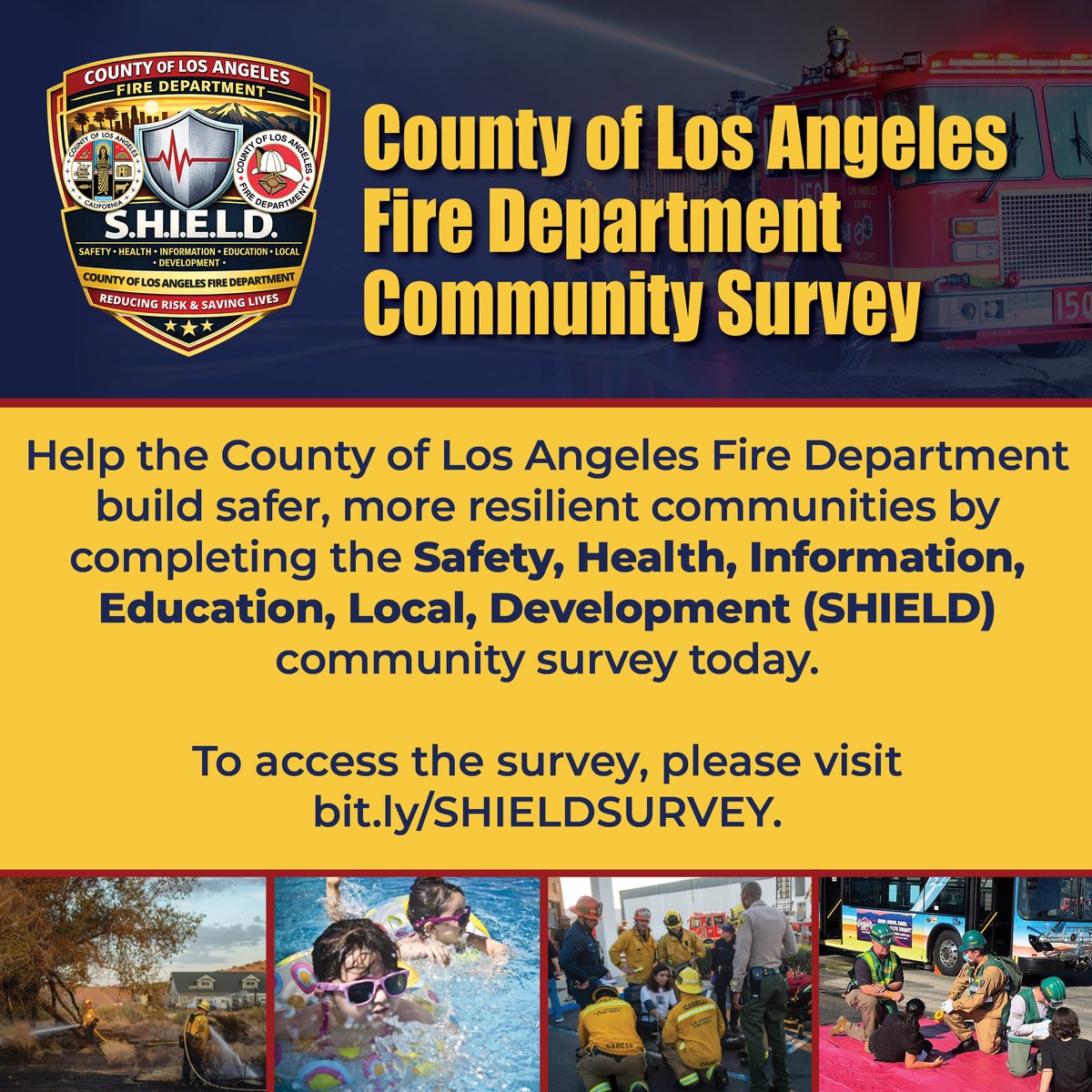 LACountyISD's tweet photo. Help Shape the Future of Safety in LA County 🚒
To help us build safer, more resilient neighborhoods, the #LACoFD has launched the S.H.I.E.L.D. Community Survey. Make your voice heard. To take the survey today, visit https://t.co/UucL6yKTxh! https://t.co/xSRcgP3CcB