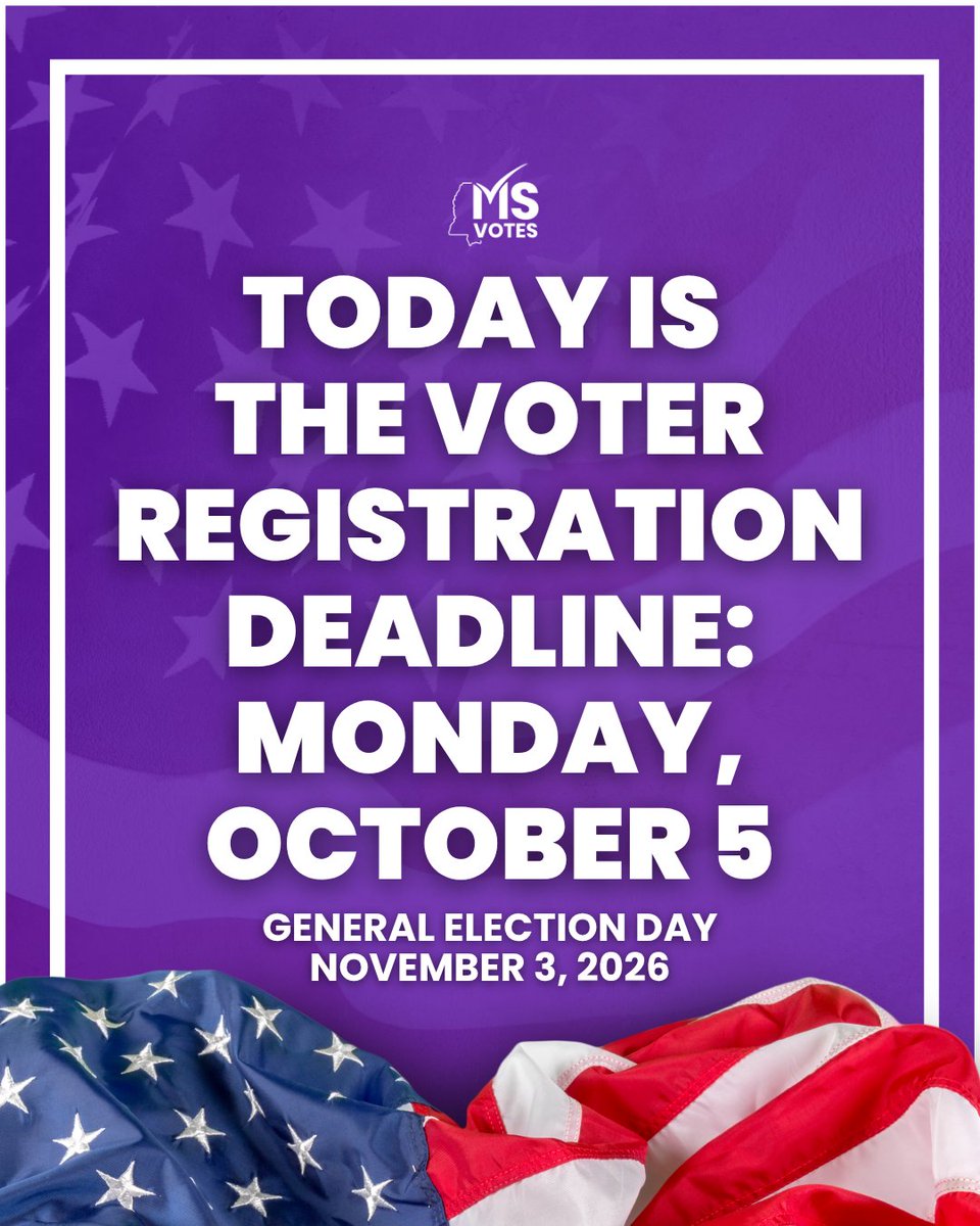 MSVotes's tweet photo. 🚨 TODAY is the voter registration deadline for the November 3 General Election!

Get registered, check your voter registration status, and make your plan to vote.

Have questions? Contact the Voter Information Hotline at 1-833-678-4321.

#MSVotes #Up2Us #StayVocalActLocal https://t.co/NqZZB9k61I