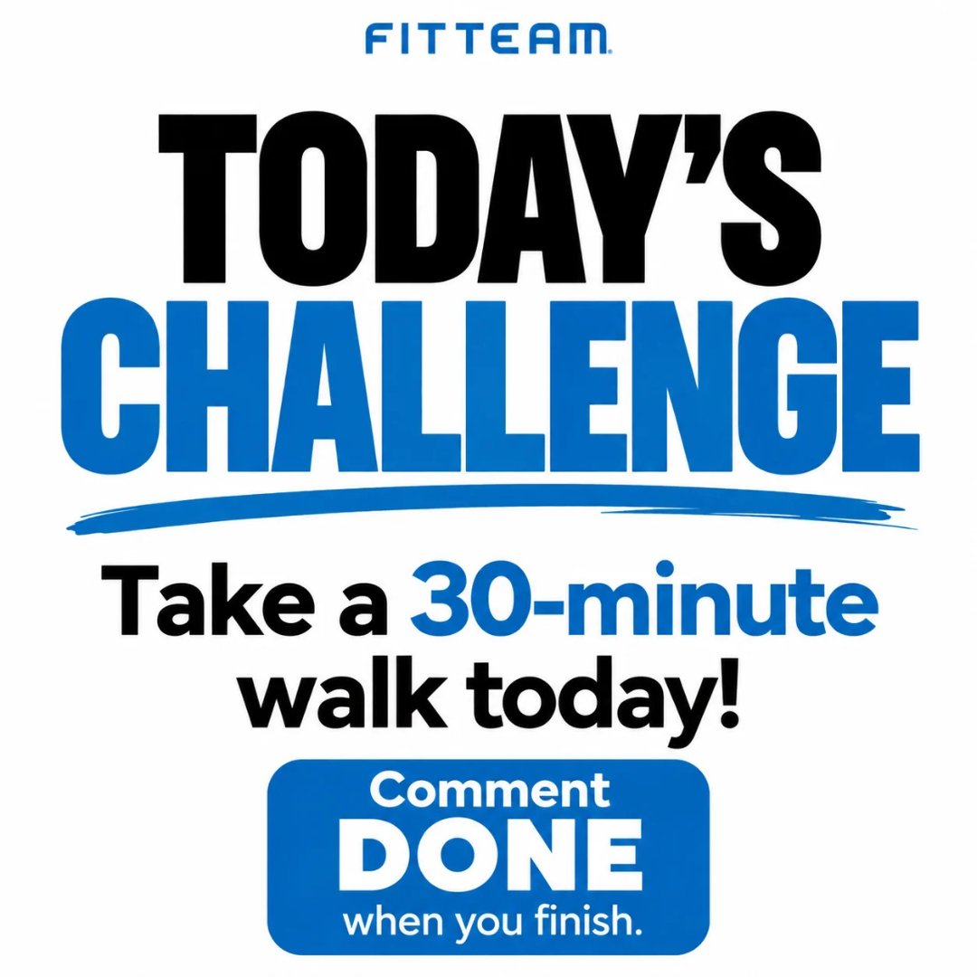 fitteamglobal's tweet photo. TODAY’S CHALLENGE!
Take a 30-minute walk today!
It’s a simple way to get your body moving, add some activity to your day, and work toward your fitness goals.
Ready to take on the challenge?
Come back and comment DONE when you finish!
#fitteam #fitness #walk https://t.co/LiMHbAgHso