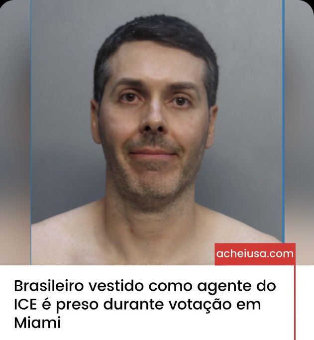 FlaviaMSoares76's tweet photo. Lembram do brasileiro trajando a roupa do ICE aqui em Miami? Pois é 👇🏻

Um brasileiro de 46 anos foi preso após aparecer vestido como agente do ICE no Miami Dade College, em Kendall, durante a votação das eleições brasileiras.

Danilo Alves Silva enfrenta cinco acusações, entre elas intimidação de eleitores, conspiração para cometer suborno e uso ilegal de insígnia policial.

Segundo o relatório de prisão, ele circulava pela área de votação usando boné do ICE, óculos escuros, máscara, jaqueta azul e botas. 

Testemunhas disseram que ele abordava pessoas e provocava receio entre os eleitores.

Ao ser questionado por investigadores, Danilo Silva admitiu que não era agente federal. 

Ele afirmou que havia comprado a roupa pela Amazon e que, depois de votar, trocou uma camisa do Brasil pelo traje do ICE porque queria observar a reação das pessoas.

De acordo com o relatório, já detido, ele teria ameaçado os investigadores e oferecido dinheiro para ser liberado. 

Ele teria dito que garantiria que os agentes recebessem "um bom dinheiro" caso o deixassem ir.