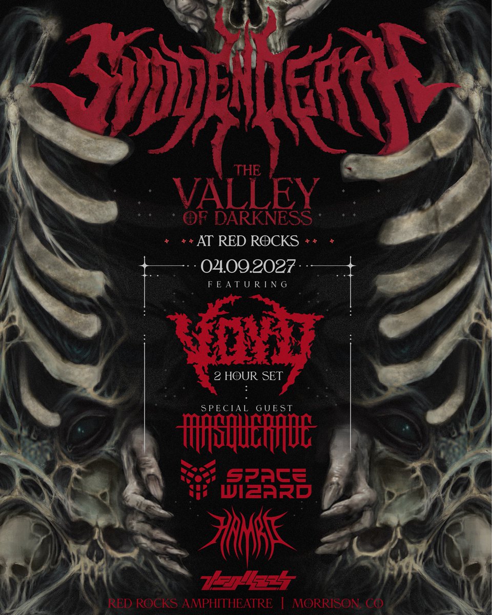 svddendeath's tweet photo. BACK FOR MY 5TH RED ROCKS HEADLINE, AND THE FIRST EVER 2 HOUR VOYD SET. 
STOKED ON THIS LINE UP AND EVERYTHING WE HAVE PLANNED FOR THIS SHOW. SEE YALL SOON.

• PreSale Thursday 10/8 @ 10am MT. PW: VOYD 

• Onsale Friday 10/9 @ 10am MT https://t.co/GK0OaqAR4f