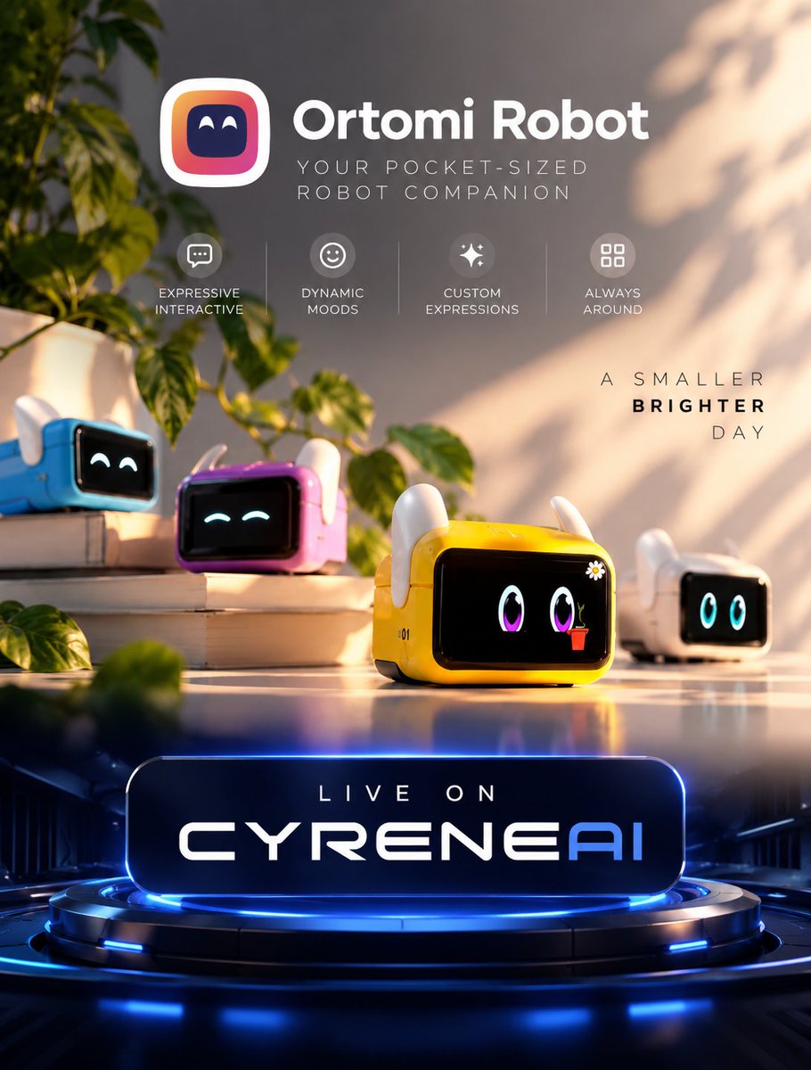ortomirobot's tweet photo. CA: 0x495C70708789fC042730F85a05D784C45ad4BD91
Ortomi is LIVE ON CYRENE AI. 🚀
built to bring personality, expression, and a little joy into your everyday life.
✨ Dynamic moods
🎭 Custom expressions
💬 Interactive &amp; expressive
#Ortomi #Robotics #AI #CyreneAI #RobotCompanion https://t.co/7gzlET51DA