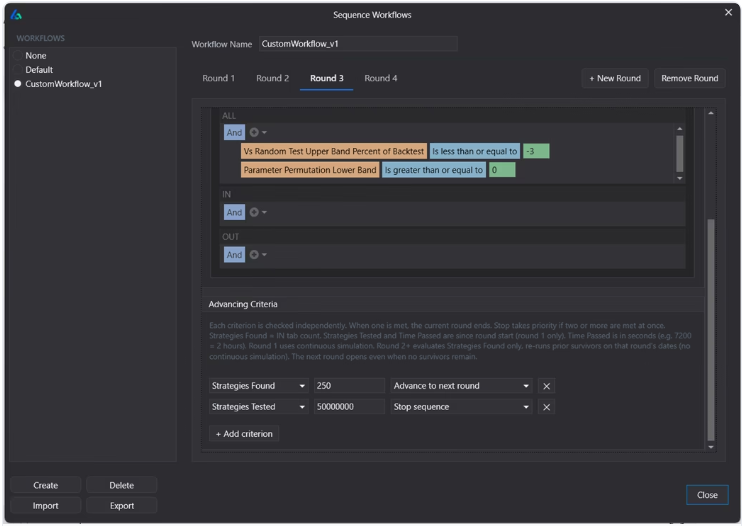 buildalpha's tweet photo. The best trading research workflow is one you don’t have to sit and supervise.

That’s the idea behind Sequence Workflows in Build Alpha.

Instead of:

Run a broad search on 10 years of data
Wait, then manually
Take the survivors and test the last 3 years
Wait, then manually run
Run Robustness Tests like Monte Carlo
Wait, then manually 
Test on another date range as a final check

…you can now configure the entire research pipeline once and let Build Alpha run it end to end.

Each round can have its own:

• Date range
• Performance filters
• Robustness filters
• Advancement criteria

Example:
Round 1 → mine until you find 2500 candidates
Round 2 → first out of sample test
Round 3 → Monte Carlo Permutation
Round 4 → Noise Test, Vs Random
Round 5 → final out of sample test

You can also tell it:
“Advance when 200 strategies pass, OR after 3 hours, whichever comes first.”

No more manual babysitting. No more coding. 

Set the sequence. Hit start. Come back and see either
· surviving strategies
-or-
· a clear answer where things broke down

Both are actually useful and save a lot of time.