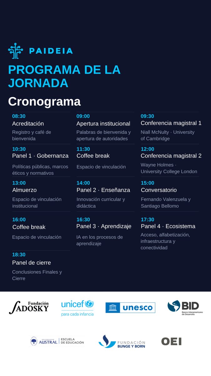 UNESCOmvdo's tweet photo. 🎓Te invitamos al 1er Congreso Internacional PAIDEIA «Inteligencia Artificial en Educación: de la Estrategia a la Acción», organizado por la Secretaría de Educación de la Nación.

Una jornada completa con especialistas nacionales e internacionales para debatir cómo integrar la IA y su impacto en la mejora de los aprendizajes.

📅 Martes 13 de octubre · 8:30 a 19:00 h

📍 Centro Cultural de la Ciencia (C3), Godoy Cruz 2270, Palermo, CABA

✍️ Inscripción: https://t.co/sCePzLVsLg

🗓️ Cronograma completo:
https://t.co/6zofNhSgYJ

⚠️ El cupo es limitado: anotate cuanto antes y compartilo con colegas a quienes les pueda interesar.