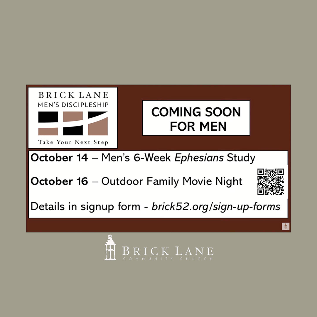 bricklanechurch's tweet photo. Coming Soon for Men
October 14 - Men’s 6-Week Ephesians Study
October 16 - Outdoor Family Movie Night
https://t.co/VBv1nIn9Fl
Brick Lane Men’s Discipleship - Take Your Next Step
#bricklanecommunitychurch #elverson #pennsylvania #men #mensdiscipleship #bricklanemen #Ephesians https://t.co/Oe4pXSAGON