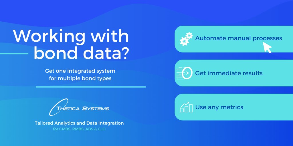TheticaSystems's tweet photo. Want one integrated tool set for multiple bond types? Find out more:
https://t.co/2si0BOjnZq
#CLO #CMBS #RMBS #ABS #innovation #strategy #markets #structuredfinance #fintech #assetmanagement https://t.co/BUp6434JyT