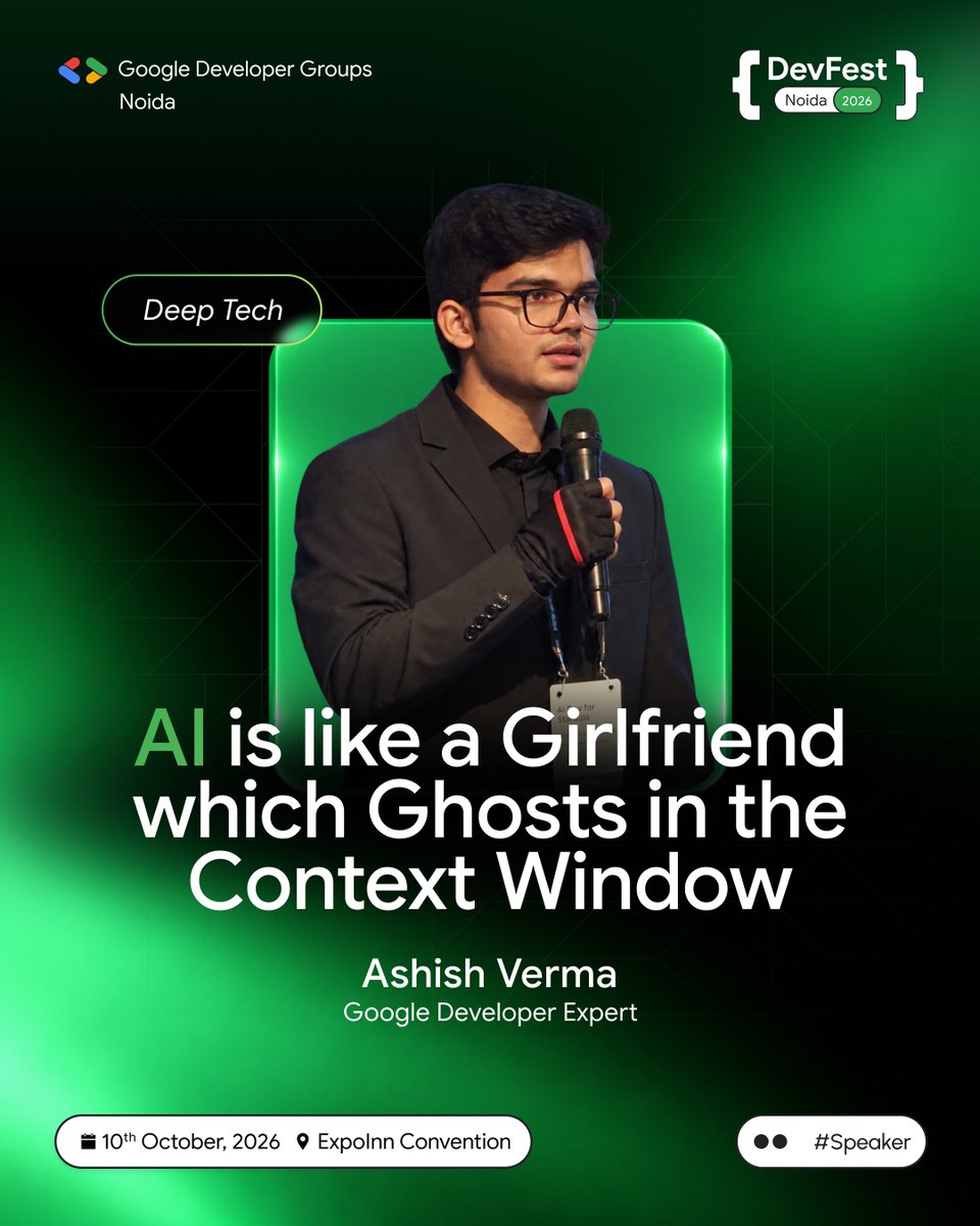 gdg_noida's tweet photo. When AI forgets, what happens next? ππ€
Ashish Verma dives into context, memory, and the hidden side of AI.
π
10 October 2026
π Expo Inn Convention
#DevFestNoida #DevFest2026 #GDGNoida #DeepTech https://t.co/XksLuHTxiK