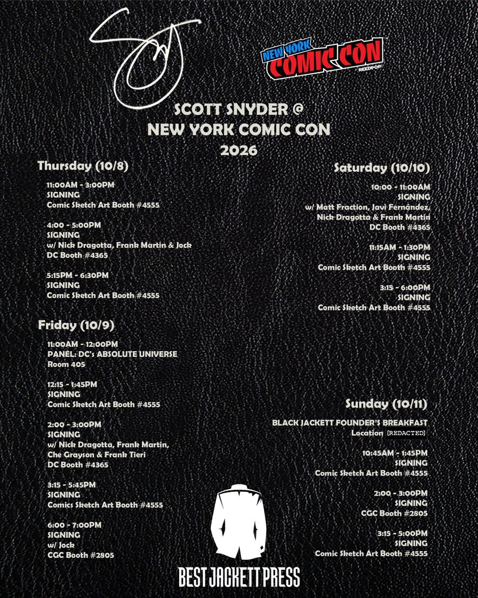 Ssnyder1835's tweet photo. Come find me this week at @NY_Comic_Con using the graphic below!

I'm signing every day at my @ComicSketchArt booth (#4555) with multiple appearances at the @DCOfficial (#4365) and @CGCComics (#2805) booths.

And make sure not to miss the Absolute Universe panel Friday morning! https://t.co/WKVfzswrTM