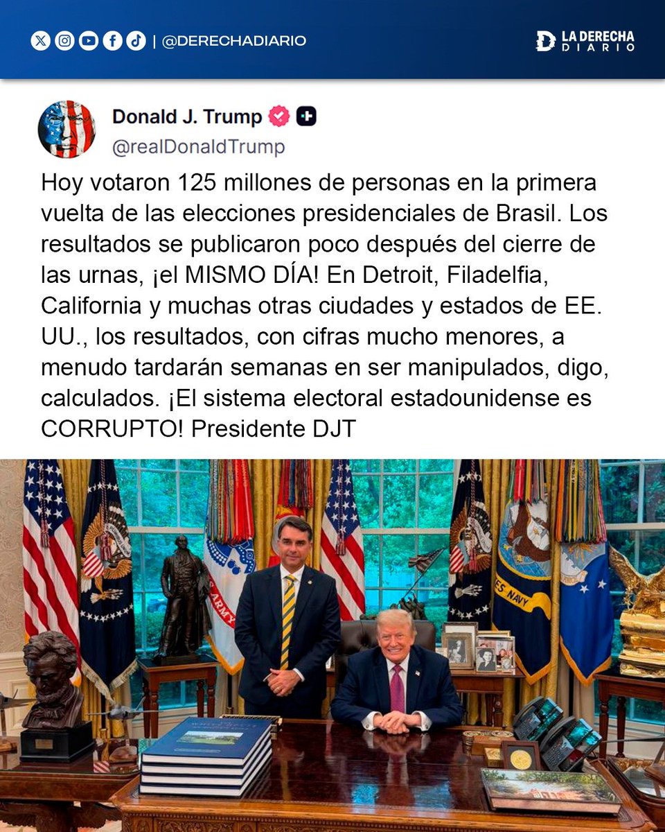 laderechadiario's tweet photo. 🚨🇺🇸🇧🇷 | “EL SISTEMA ELECTORAL ESTADOUNIDENSE ES CORRUPTO”: Trump dijo que 125 millones de brasileños votaron en la primera vuelta y los resultados salieron el mismo día, mientras en Detroit, Filadelfia y California, con menos votos, el conteo tarda semanas. https://t.co/Y3YUaE5Vvm