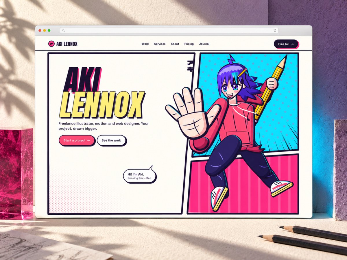 JohnNicholsonIO's tweet photo. A portfolio told in manga panels.

Aki Lennox pairs a character-led hero with comic-volume project cards and an illustrated About page. A fictional freelancer demo, built in Framer.

https://t.co/GC9zsXUiv0

#Framer #WebDesign https://t.co/eojKXWJhSd