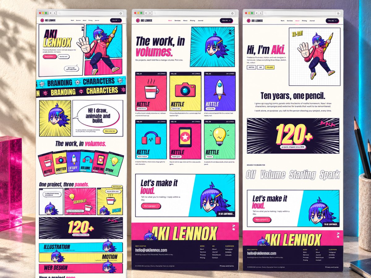 JohnNicholsonIO's tweet photo. A portfolio told in manga panels.

Aki Lennox pairs a character-led hero with comic-volume project cards and an illustrated About page. A fictional freelancer demo, built in Framer.

https://t.co/GC9zsXUiv0

#Framer #WebDesign https://t.co/eojKXWJhSd