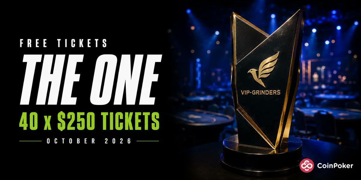 VIPGrinderscom's tweet photo. The One guarantees 5 million. It needs exactly 20,000 entries at 250 a seat to cover that.

If the field comes up short, the guarantee pays anyway. That is overlay, and it is the only reason a guarantee number matters.

VIP-Grinders is giving 40 of those seats away.

Honest caveat: a free seat pays the same prizes but skips the Day 2 buy-in refund paid entries get.

#CoinPoker #TheOne #PokerOverlay #OnlinePoker #PokerTwitter