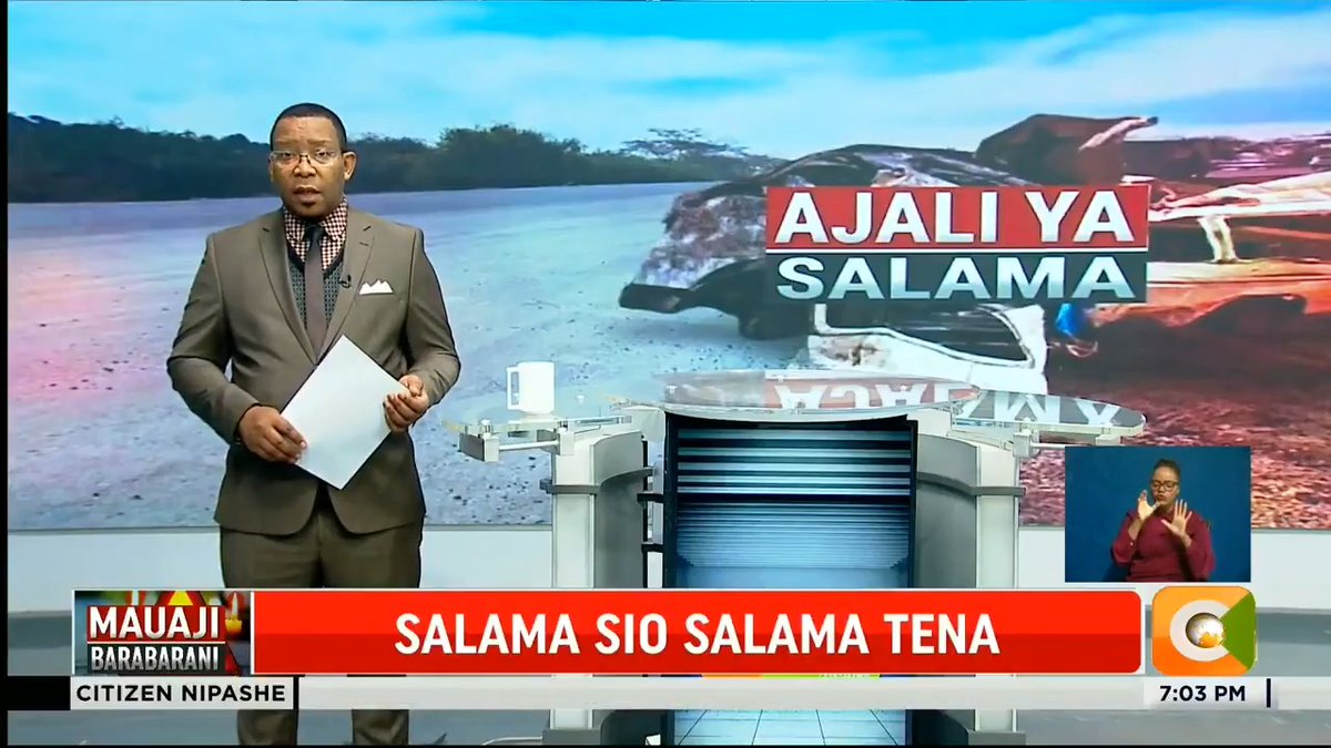 A news presenter in a brown suit delivers a broadcast titled "SALAMA SIO SALAMA TENA" at 7:03 PM, with the segment branded "Mauaji Barabarani" (Street Murders) and hashtag "CitizenNipashe." The backdrop shows a beach with the word "AJALI YA SALAMA" (Accident/Peace) displayed, while a sign language interpreter appears in the bottom right corner, tying into the accompanying post's theme of "Peace to You, Peace Again."