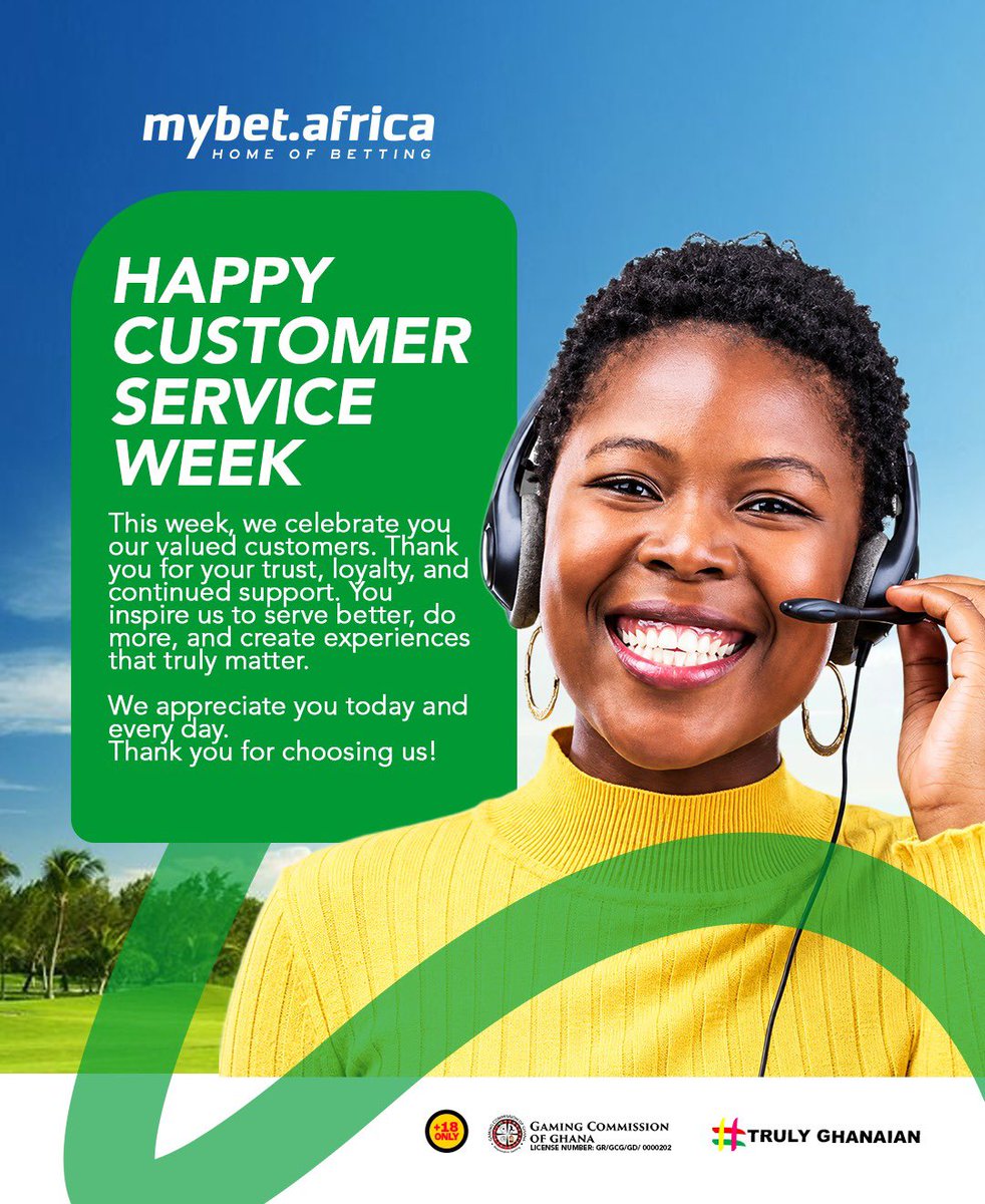 MybetAfrica's tweet photo. Our customers = Our MVPs! ๐
Happy Customer Service Week to everyone who makes https://t.co/n0VnQp1NBb what it is.
We appreciate you today and every day! ๐๐
#CSWeek #MybetAfrica #TrulyGhanaian https://t.co/IXby2tGIGn