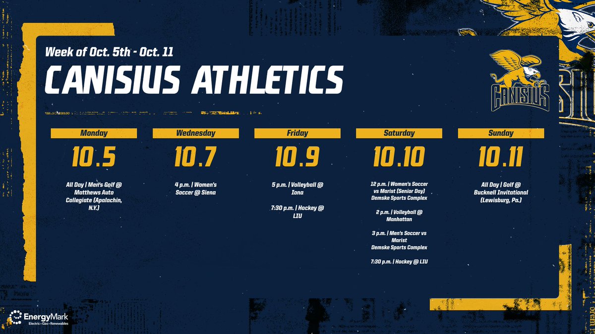 GoGriffs's tweet photo. A home doubleheader for @CanisiusWSOC and @GriffsSoccer, a pair of road contests for @GriffsHockey, two tournaments for @GriffsGolf and a pair of conference matches for @GriffVolleyball make up the slate This Week in Canisius Athletics 

#Griffs | @EnergyMark https://t.co/1wD9z4Sys6