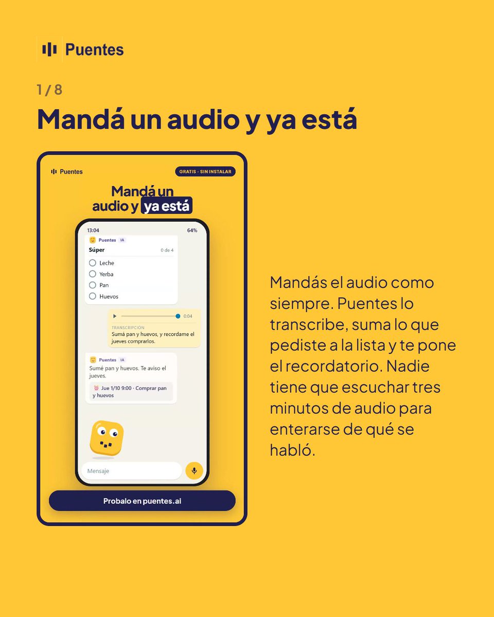 PuentesAI's tweet photo. Lo que hace la IA en tu grupo 👇

Transcribe los audios, arma las listas, recuerda a todos y se acuerda de lo que se dijo.

#WhatsApp #ia https://t.co/Tdww1NxXwN