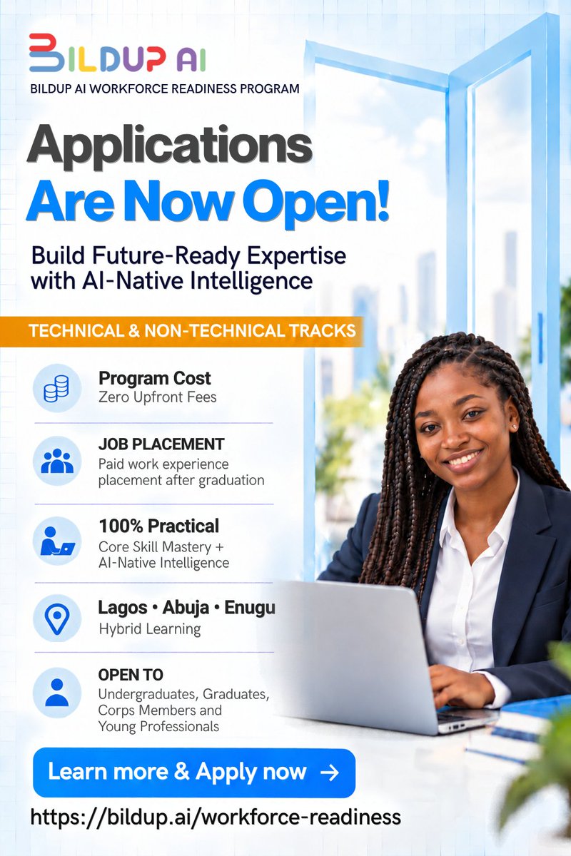 BildupAI's tweet photo. APPLICATIONS ARE NOW OPEN! 🚀

Build Core Skill Mastery + AI-Native Intelligence with Bildup AI.

✅ Zero upfront fees
✅ Technical &amp; non-technical tracks
📍 Hybrid: Lagos • Abuja • Enugu

Learn more &amp; apply:
https://t.co/Ehu41Rr7a8

#BildupAI https://t.co/MMYP1kaC3W