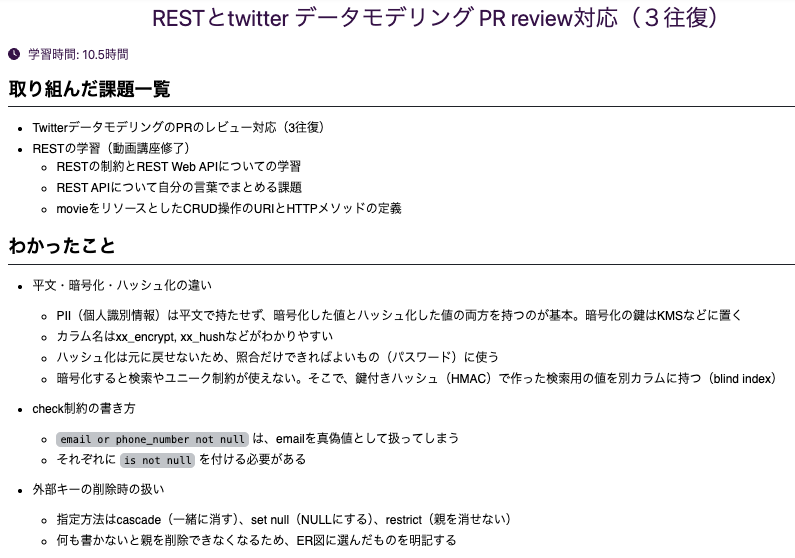 kf_webdev's tweet photo. PRに対して簡単にはapproveがもらえず、データモデリングのレビューで何度も考え直しました。削除時にエンティティの関係がどうなるべきか、ハッシュ化と暗号化の違いなど、セキュリティの観点についても理解を深めることができました。

本日: 10.5h
累計: 444.0h

#HappinessChain
#今日の積み上げ https://t.co/m18ejQS139