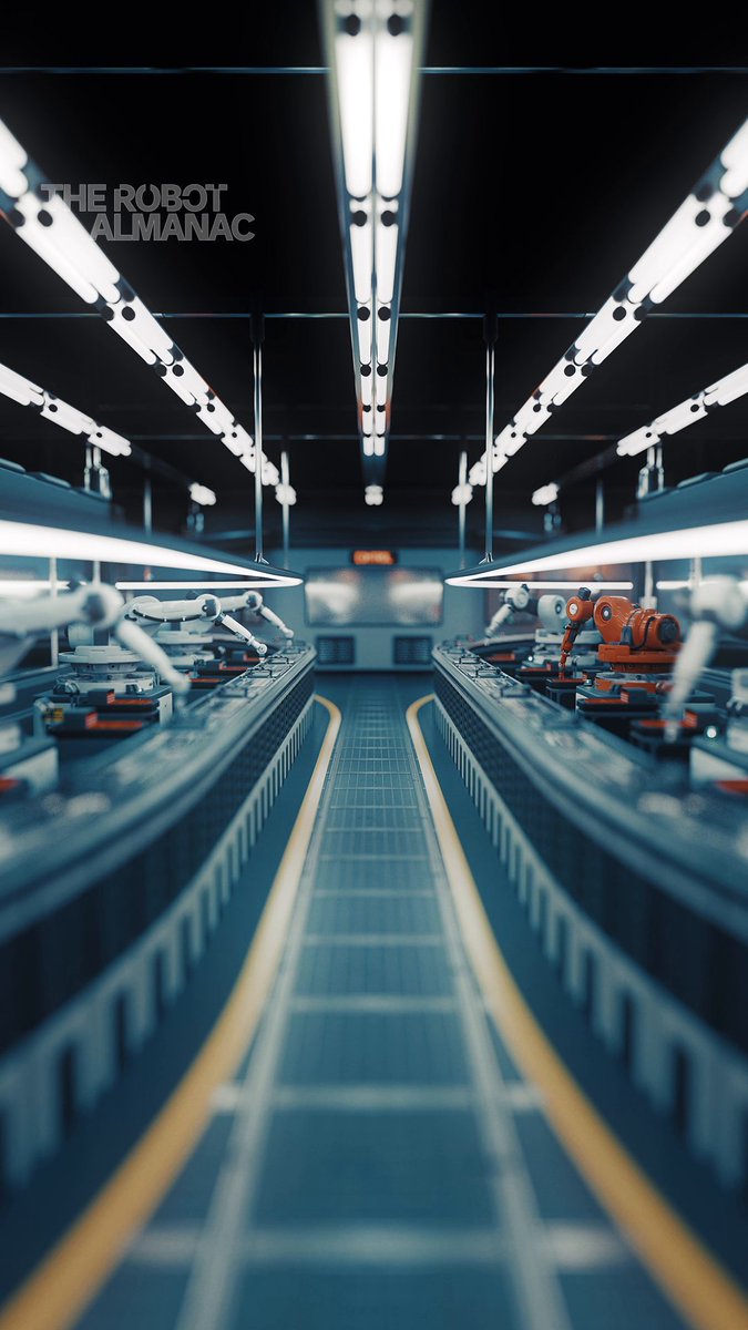 A futuristic factory floor lined with robotic arms under bright overhead lights, with "THE ROBOT ALMANAC" displayed in the upper left corner—evoking the massive scale of humanoid robot manufacturing that could reach 1 billion units globally within the next 25 years.