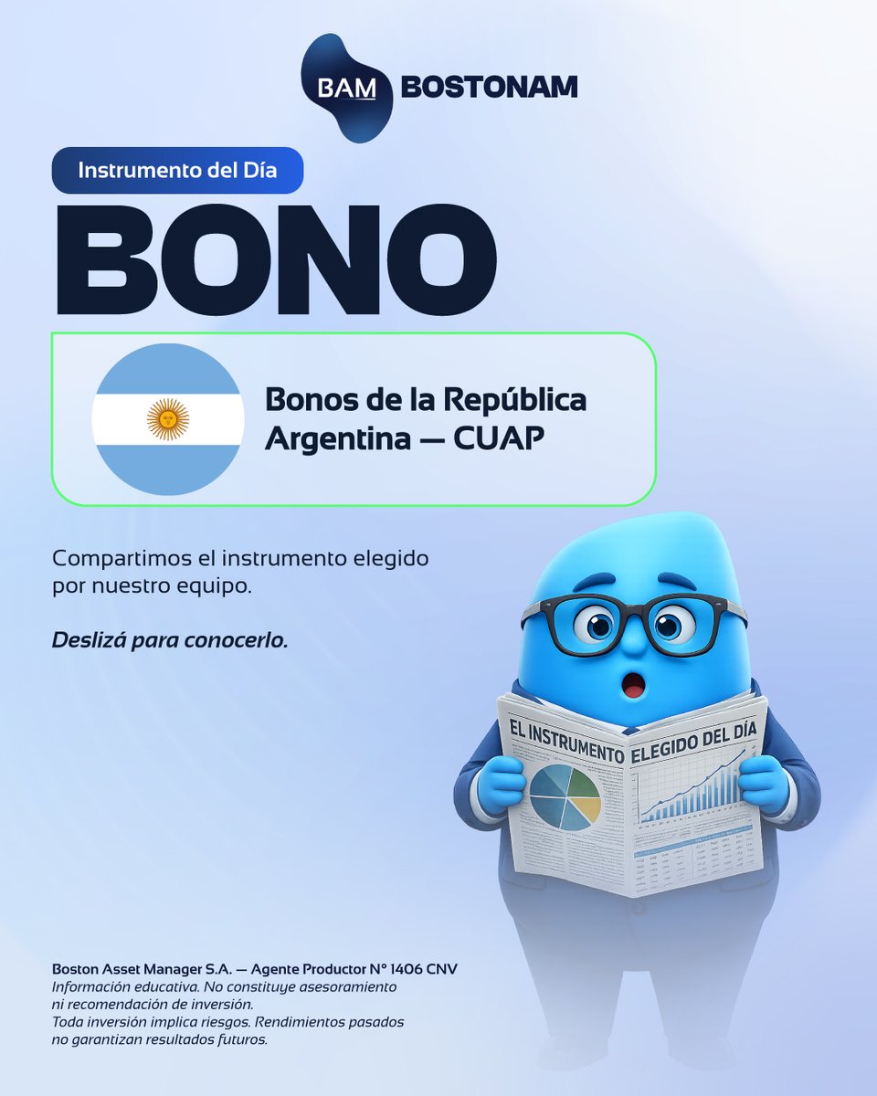 AssetBoston's tweet photo. 📊 CUAP: bono soberano en pesos a tasa fija con TIR de 10,08%, paridad del 51,6% y cupón anual de 3,3%.
Registrate en https://t.co/jLTpFmxCUq y recibí a diario el resumen de nuestro equipo de research.
Deslizá el carrusel 👉
#CUAP #bonos #soberanos #pesos #inverticonbam
Contenido informativo. No constituye recomendación de inversión.