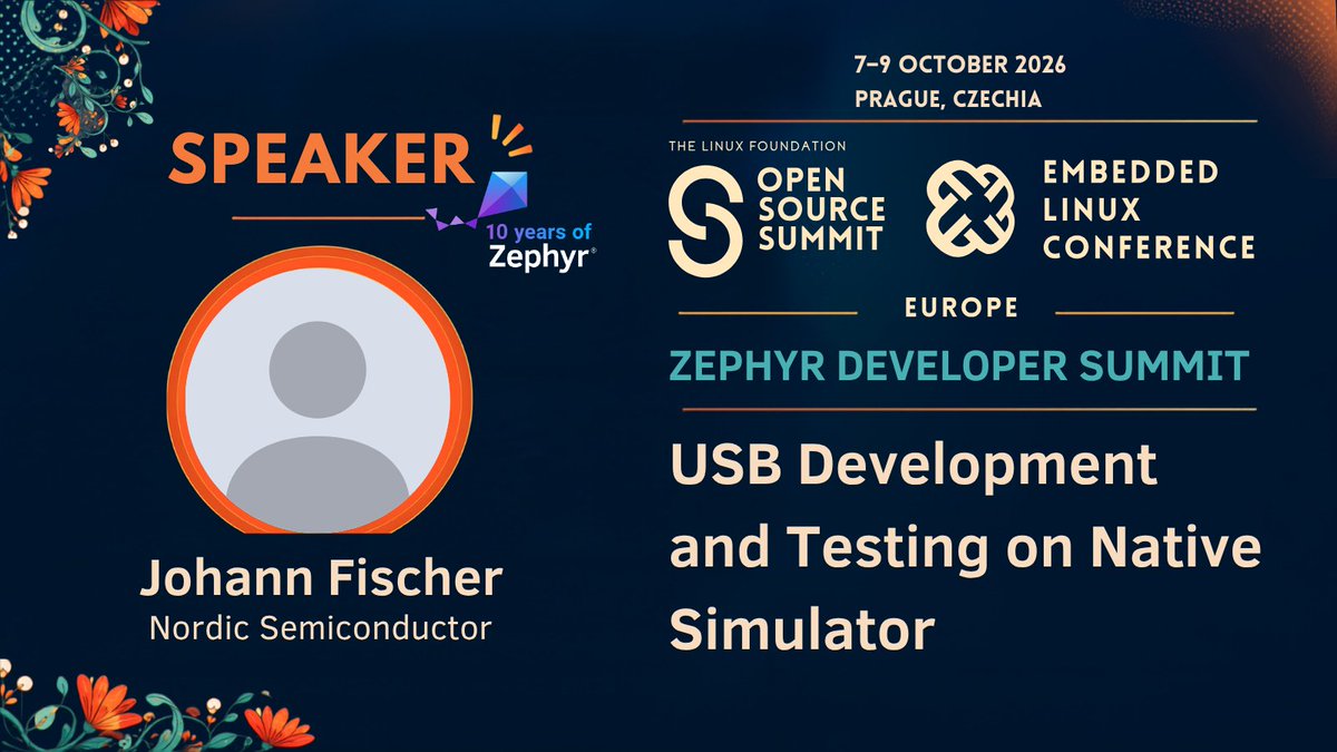 ZephyrIoT's tweet photo. Join Johann Fischer of Nordic Semiconductor at the Zephyr Developer Summit in Prague to explore USB development with native_sim, virtual controllers, USB/IP, and testing hardware-independent USB code in CI. https://t.co/4Z5JXCfsu2 https://t.co/fAAsQWX46I