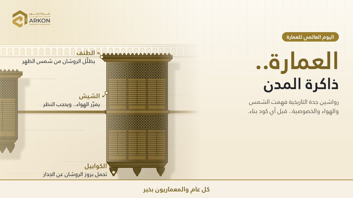 Arkonec's tweet photo. اليوم العالمي للعمارة 

الروشان في جدة التاريخية ما كان زخرفة:
الطنف يظلّل · الشيش يمرّر الهواء ويحجب النظر · الكوابيل تحمل البروز
حلول لمناخنا قبل أي كود بناء.

وش المبنى اللي تشوفه أجمل مبنى في مدينتك؟

#اليوم_العالمي_للعمارة https://t.co/8LAZBXpDG2