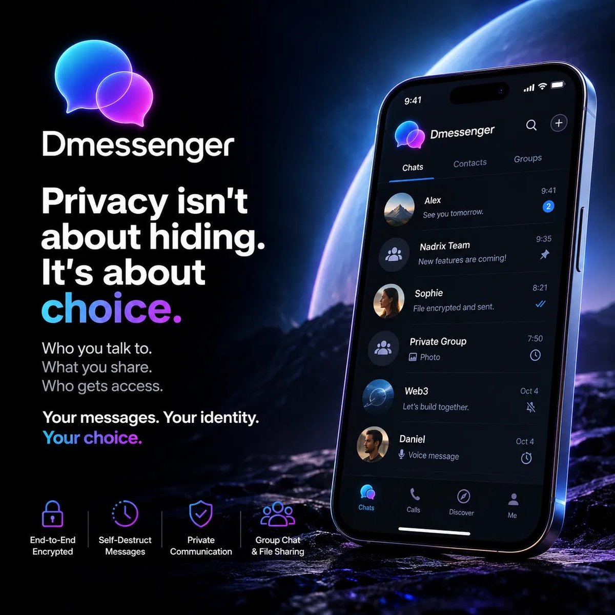 nadrix_io's tweet photo. Privacy isn’t about disappearing.
It’s about control.
It’s about choice.

Dmessenger is built so your conversations stay yours — who you talk to, what you share, and who gets access.

Your messages. Your identity. Your choice.
Dmessenger. https://t.co/561eYHuI1Q