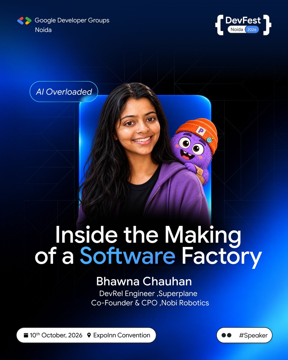gdg_noida's tweet photo. Behind every smart system is a smarter build. β‘π€
Bhawna Chauhan takes us inside the future of software in the AI era.
π
10 October 2026
π Expo Inn Convention
#DevFestNoida #DevFest2026 #GDGNoida #AI #SoftwareEngineering https://t.co/SYia4X7ccJ
