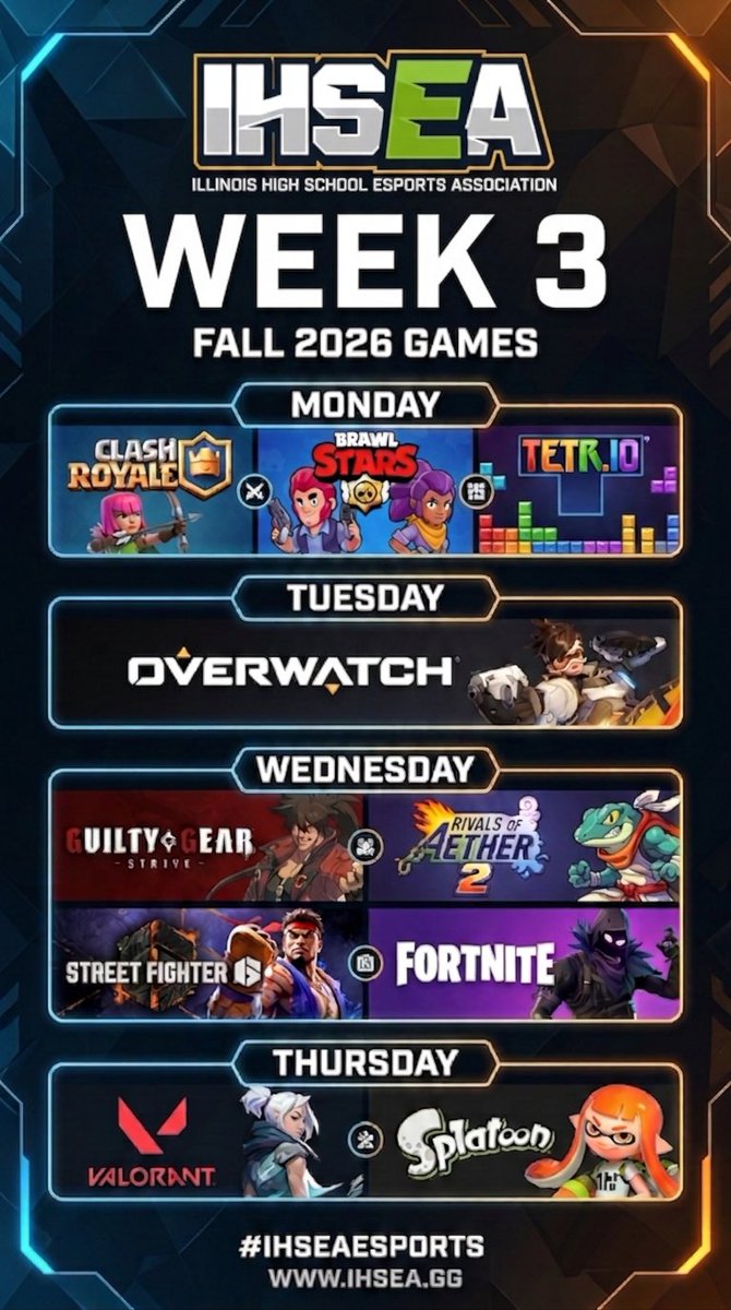 IHSEA_org's tweet photo. It’s week 3 in the IHSEA Fall season! The matches have been amazing and the battles are shaping up to be great between numerous schools across all of our titles. Here is this week’s match line up. https://t.co/OQ7I5sgPC7